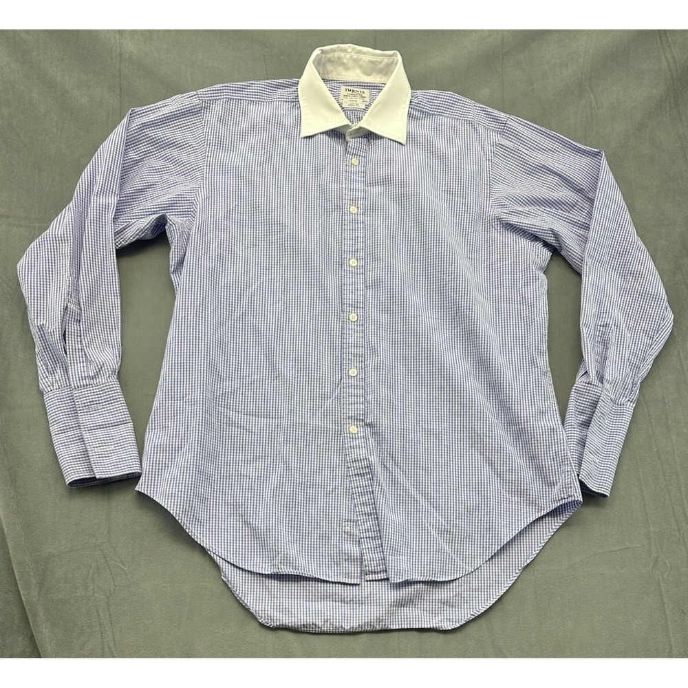 TM Lewin Mens Blue Gingham Check Contrast Collar Dress Shirt 17 34.5 Regular Fit